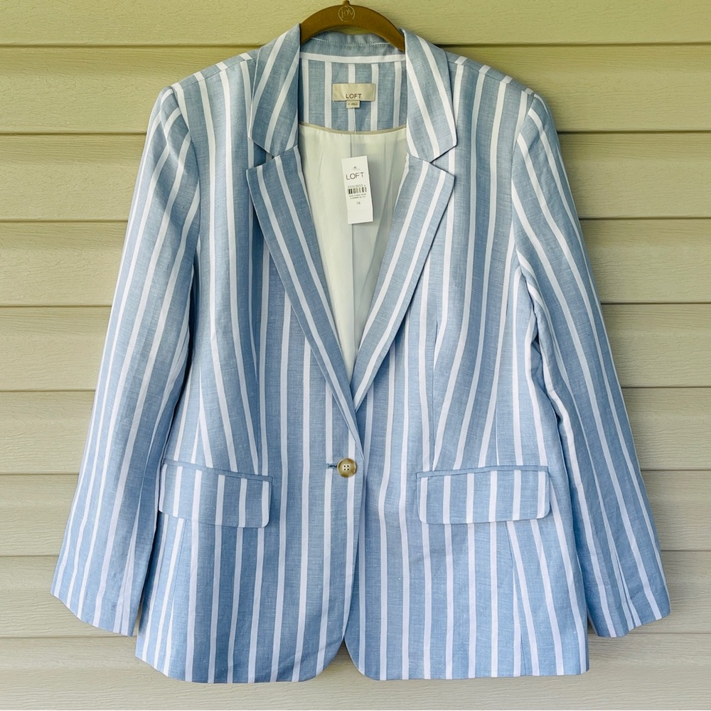 LOFT Blue and White Stripe Linen Blend Modern Blazer Size 14 NWT - Picture 2 of 9